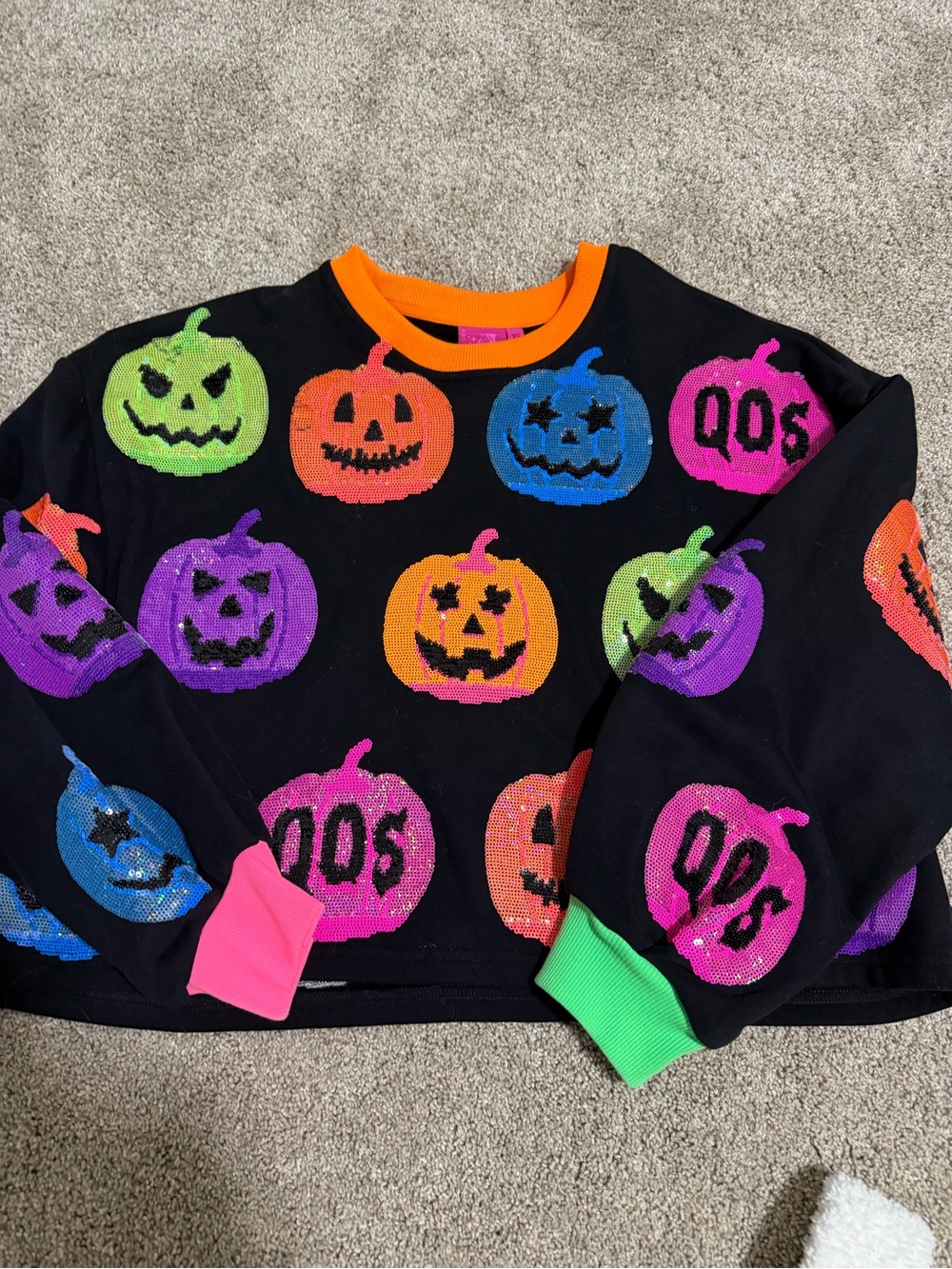 Queen of Sparkles Black Halloween Pumpkin Sequin Top